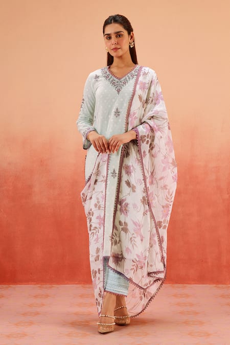 Dohr India_Blue Jacquard, Cotton, Organza Embroidery V-neck Kurta Pant Dupatta Set _at_Aza_Fashions