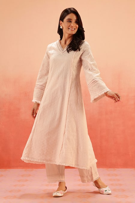 Shop_Dohr India_Pink Organza Sequins, Embroidery V-neck Light Kurta Pant Dupatta Set _Online_at_Aza_Fashions