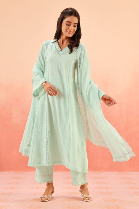 Dohr India Blue Cotton, Organza Embroidery V-neck Powder Kurta Set 