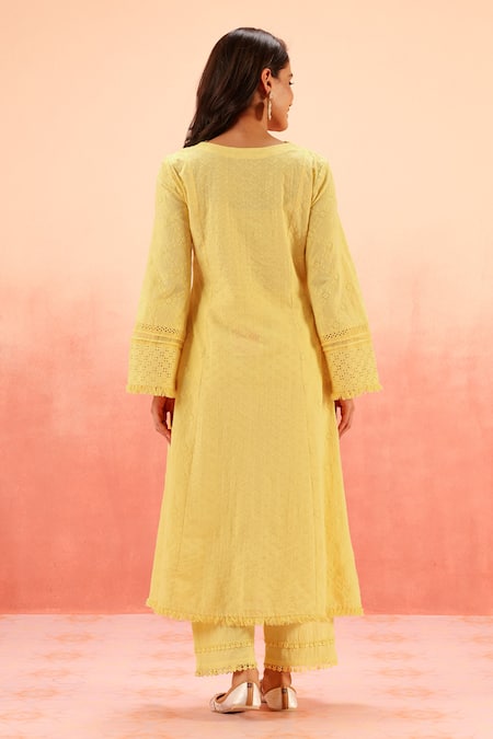 Shop Dohr India Yellow Organza Embroidery V-neck Kurta Pant Dupatta Set at Aza Fashions Shop_Dohr India_Yellow Organza Embroidery V-neck Kurta Pant Dupatta Set _at_Aza_Fashions