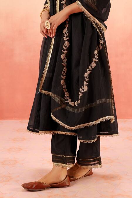 Dohr India_Black Cotton, Silk, Modal, Viscose Embroidery V-neck Kurta Pant Dupatta Set _at_Aza_Fashions