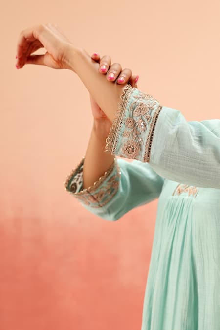 Dohr India_Turquoise Cotton, Silk, Modal, Viscose Embroidery V-neck Kurta Pant Set _Online_at_Aza_Fashions