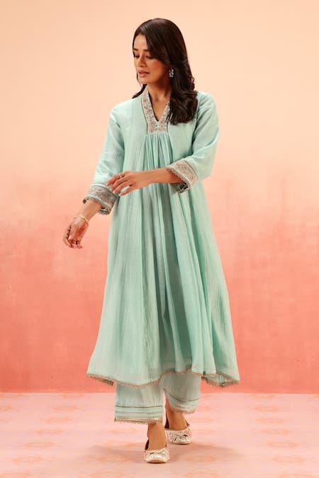 Buy_Dohr India_Turquoise Cotton, Silk, Modal, Viscose Embroidery V-neck Kurta Pant Set _Online_at_Aza_Fashions