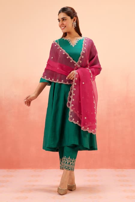 Dohr India Green Cotton, Silk, Organza Zari, Sequins, Embroidery Kurta Pant Dupatta Set 