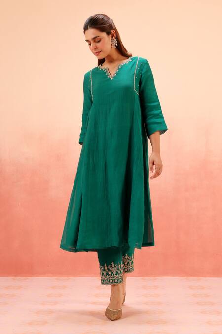 Dohr India_Green Cotton, Silk, Organza Zari, Sequins, Embroidery Kurta Pant Dupatta Set _Online_at_Aza_Fashions