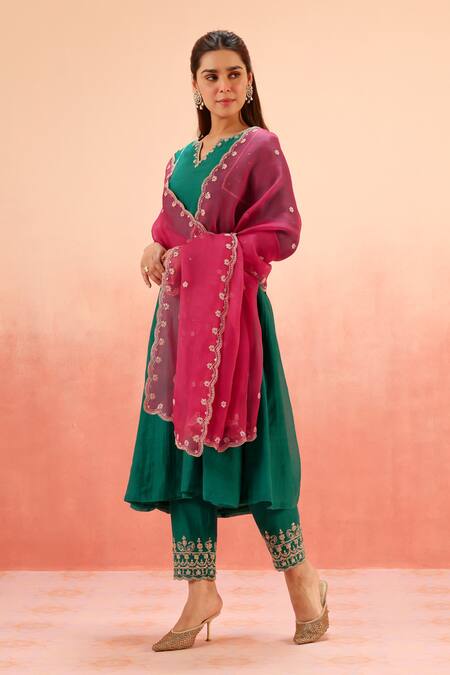 Buy_Dohr India_Green Cotton, Silk, Organza Zari, Sequins, Embroidery Kurta Pant Dupatta Set _Online_at_Aza_Fashions