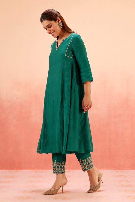 Shop_Dohr India_Green Cotton, Silk, Organza Zari, Sequins, Embroidery Kurta Pant Dupatta Set _Online_at_Aza_Fashions