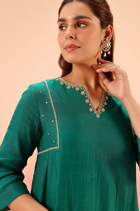 Dohr India_Green Cotton, Silk, Organza Zari, Sequins, Embroidery Kurta Pant Dupatta Set _at_Aza_Fashions