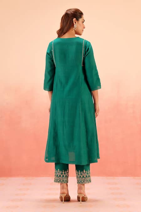 Shop_Dohr India_Green Cotton, Silk, Organza Zari, Sequins, Embroidery Kurta Pant Dupatta Set _at_Aza_Fashions