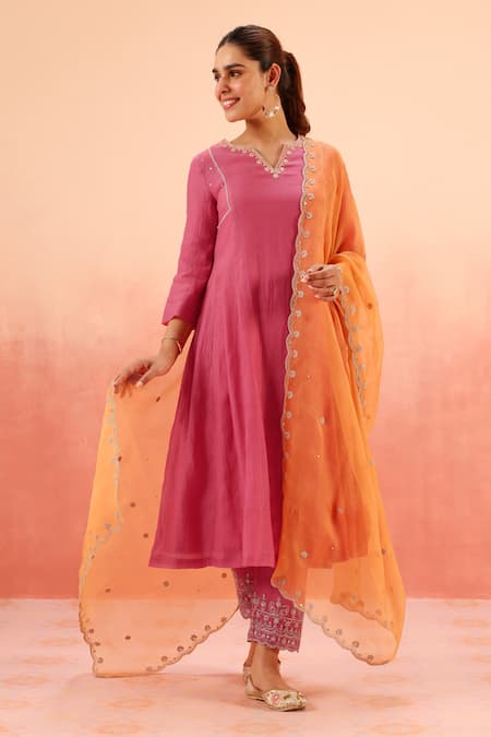 Dohr India Pink Cotton, Silk, Organza Zari, Sequins, Embroidery Kurta Pant Dupatta Set 