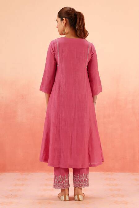 Shop Dohr India Pink Cotton, Silk, Organza Zari, Sequins, Embroidery Kurta Pant Dupatta Set at Aza Fashions Shop_Dohr India_Pink Cotton, Silk, Organza Zari, Sequins, Embroidery Kurta Pant Dupatta Set _at_Aza_Fashions