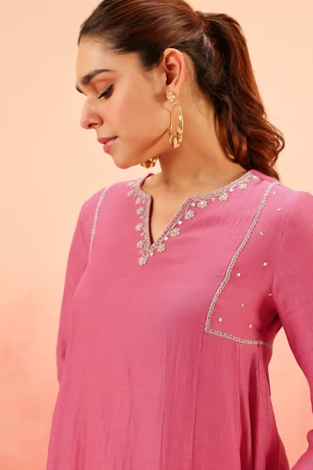 Dohr India Pink Cotton, Silk, Organza Zari, Sequins, Embroidery Kurta Pant Dupatta Set Online at Aza Fashions Dohr India_Pink Cotton, Silk, Organza Zari, Sequins, Embroidery Kurta Pant Dupatta Set _Online_at_Aza_Fashions