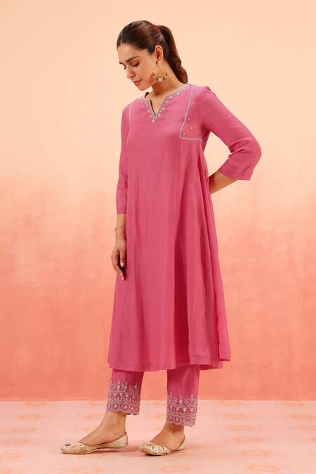 Buy Dohr India Pink Cotton, Silk, Organza Zari, Sequins, Embroidery Kurta Pant Dupatta Set Online at Aza Fashions Buy_Dohr India_Pink Cotton, Silk, Organza Zari, Sequins, Embroidery Kurta Pant Dupatta Set _Online_at_Aza_Fashions