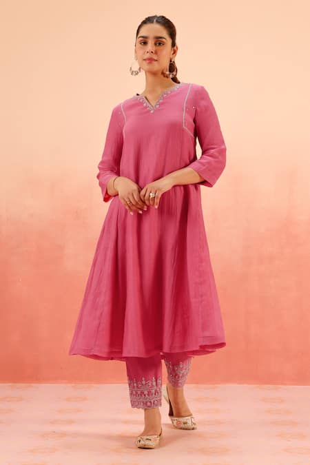 Shop Dohr India Pink Cotton, Silk, Organza Zari, Sequins, Embroidery Kurta Pant Dupatta Set Online at Aza Fashions Shop_Dohr India_Pink Cotton, Silk, Organza Zari, Sequins, Embroidery Kurta Pant Dupatta Set _Online_at_Aza_Fashions