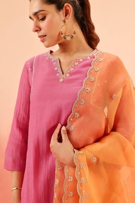 Dohr India Pink Cotton, Silk, Organza Zari, Sequins, Embroidery Kurta Pant Dupatta Set at Aza Fashions Dohr India_Pink Cotton, Silk, Organza Zari, Sequins, Embroidery Kurta Pant Dupatta Set _at_Aza_Fashions