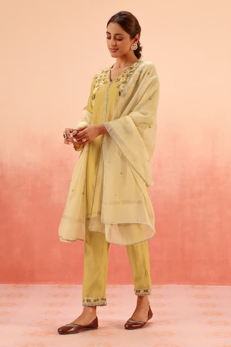 Dohr India Mustard Cotton, Silk Embroidery V-neck Kurta Pant Dupatta Set 
