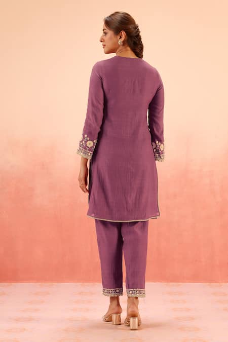 Shop Dohr India Purple Cotton, Silk Embroidery V-neck Kurta Pant Set at Aza Fashions Shop_Dohr India_Purple Cotton, Silk Embroidery V-neck Kurta Pant Set _at_Aza_Fashions