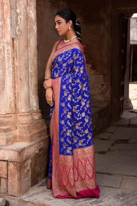 Buy_Naaritva India_Blue Crepe, Chiffon Zari Royal Hand Woven Banarasi Saree With Running Blouse _Online_at_Aza_Fashions