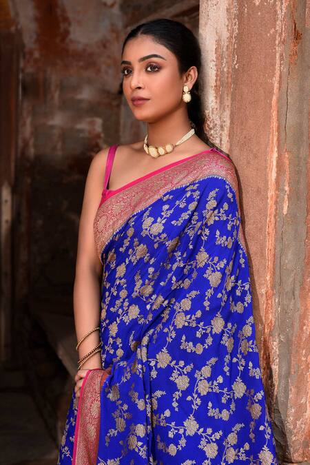 Shop_Naaritva India_Blue Crepe, Chiffon Zari Royal Hand Woven Banarasi Saree With Running Blouse _Online_at_Aza_Fashions