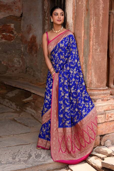 Naaritva India_Blue Crepe, Chiffon Zari Royal Hand Woven Banarasi Saree With Running Blouse _at_Aza_Fashions