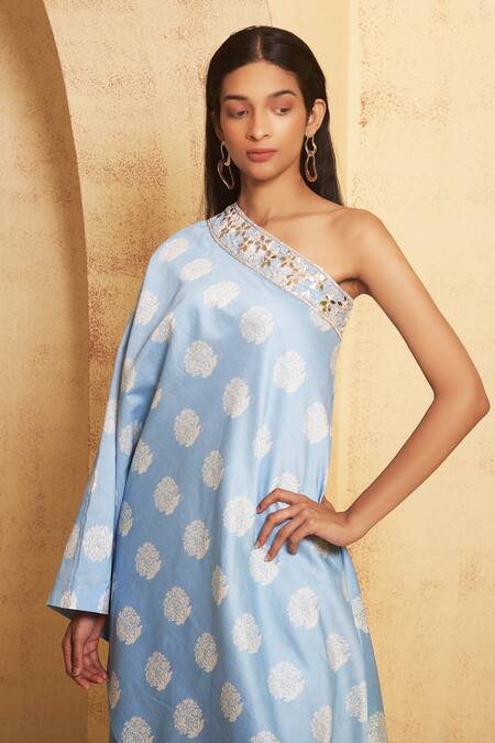 Buy Thetaa Blue Chanderi Silk, Cotton Sequins, Embroidery Off-shoulder Hand Off Tunic Set Online at Aza Fashions Buy_Thetaa_Blue Chanderi Silk, Cotton Sequins, Embroidery Off-shoulder Hand Off Tunic Set _Online_at_Aza_Fashions