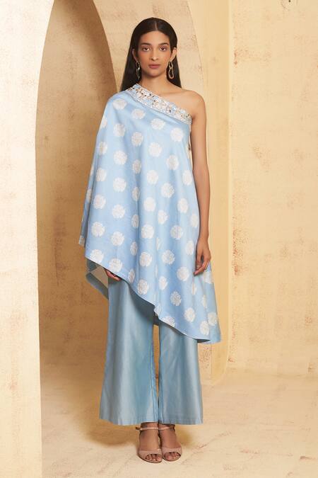 Shop Thetaa Blue Chanderi Silk, Cotton Sequins, Embroidery Off-shoulder Hand Off Tunic Set Online at Aza Fashions Shop_Thetaa_Blue Chanderi Silk, Cotton Sequins, Embroidery Off-shoulder Hand Off Tunic Set _Online_at_Aza_Fashions