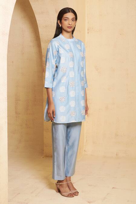 Buy Thetaa Blue Silk, Cotton, Embroidery Mandarin Hand Kurta Pant Set Online at Aza Fashions Buy_Thetaa_Blue Silk, Cotton, Embroidery Mandarin Hand Kurta Pant Set _Online_at_Aza_Fashions