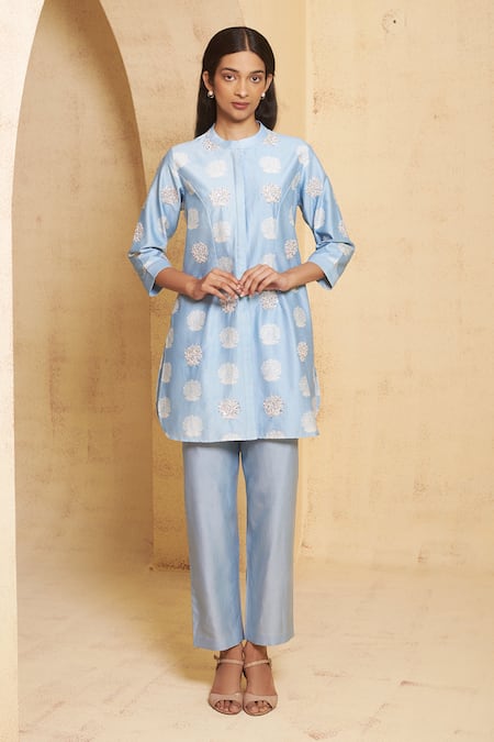 Thetaa Blue Silk, Cotton, Embroidery Mandarin Hand Kurta Pant Set 