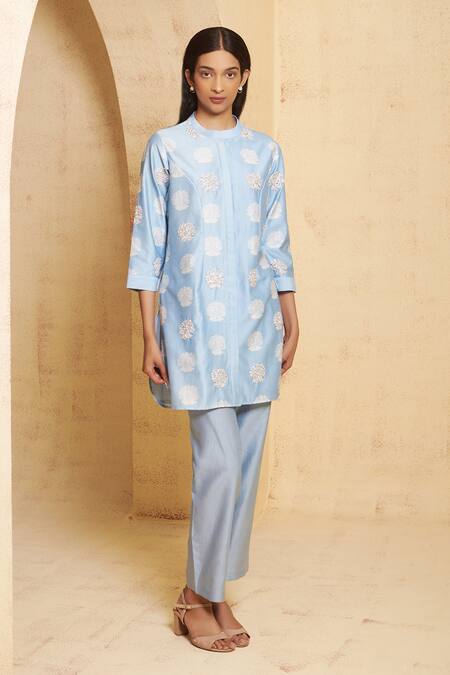 Shop Thetaa Blue Silk, Cotton, Embroidery Mandarin Hand Kurta Pant Set Online at Aza Fashions Shop_Thetaa_Blue Silk, Cotton, Embroidery Mandarin Hand Kurta Pant Set _Online_at_Aza_Fashions