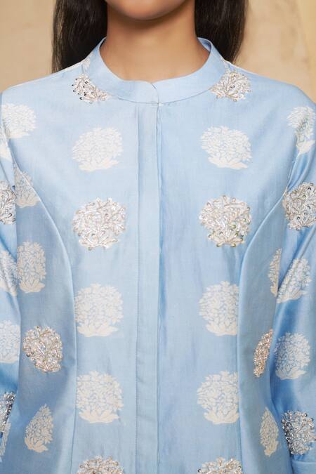 Thetaa Blue Silk, Cotton, Embroidery Mandarin Hand Kurta Pant Set at Aza Fashions Thetaa_Blue Silk, Cotton, Embroidery Mandarin Hand Kurta Pant Set _at_Aza_Fashions