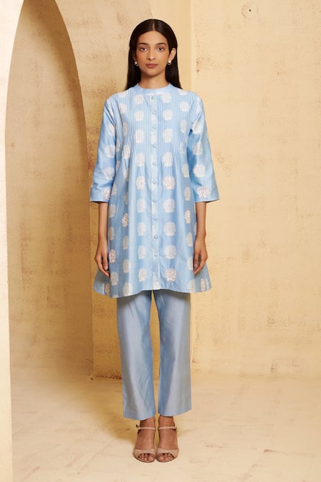 Thetaa Blue Silk, Cotton, Embroidery Hand Pintuck Kurta And Pant Set 