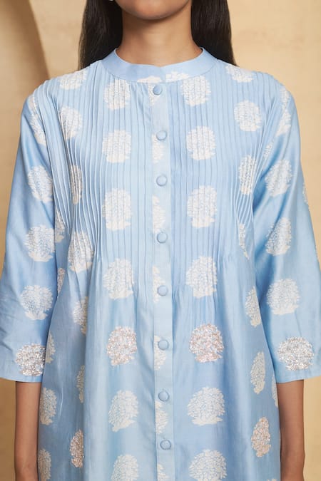 Shop_Thetaa_Blue Silk, Cotton, Embroidery Hand Pintuck Kurta And Pant Set _Online_at_Aza_Fashions