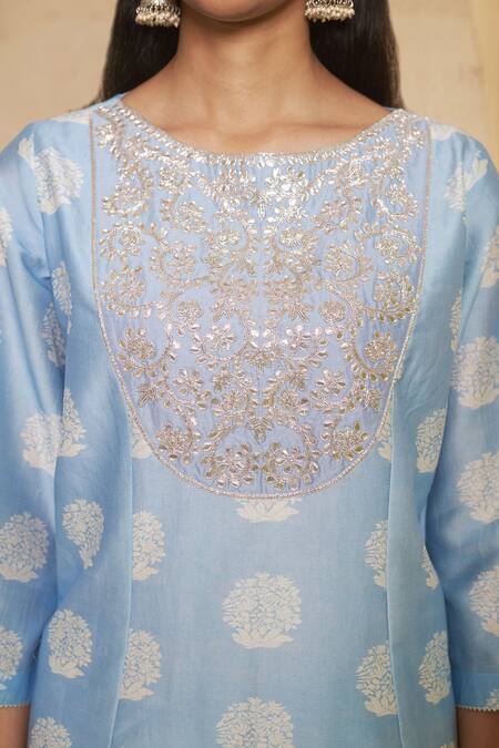 Thetaa_Blue Silk, Satin, Cotton, Embroidery Round Hand Anarkali Set _Online_at_Aza_Fashions