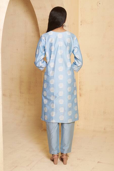 Buy_Thetaa_Blue Silk, Satin, Cotton, Embroidery Round Hand Anarkali Set _Online_at_Aza_Fashions