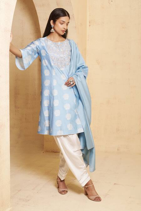 Shop_Thetaa_Blue Silk, Satin, Cotton, Embroidery Round Hand Anarkali Set _Online_at_Aza_Fashions