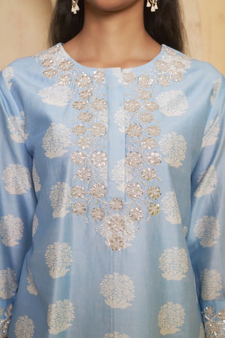 Thetaa_Blue Silk, Cotton, Embroidery, Sequins Hand Kurta And Pant Set _Online_at_Aza_Fashions