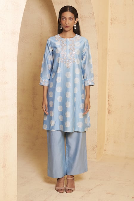 Thetaa Blue Silk, Cotton, Embroidery, Sequins Hand Kurta And Pant Set 