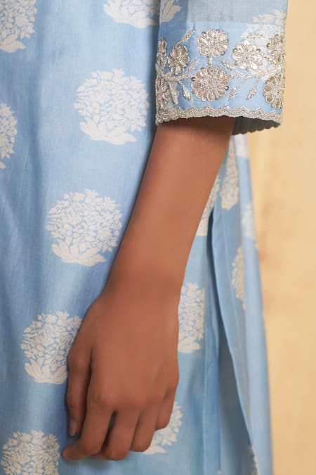 Shop_Thetaa_Blue Silk, Cotton, Embroidery, Sequins Hand Kurta And Pant Set _Online_at_Aza_Fashions
