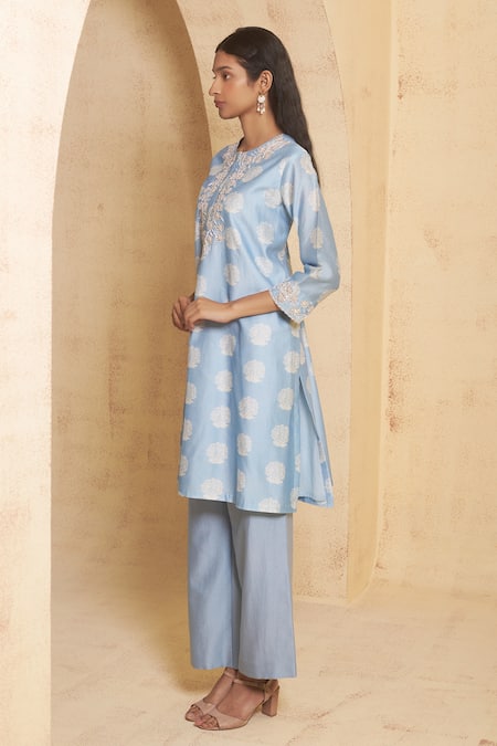 Thetaa_Blue Silk, Cotton, Embroidery, Sequins Hand Kurta And Pant Set _at_Aza_Fashions
