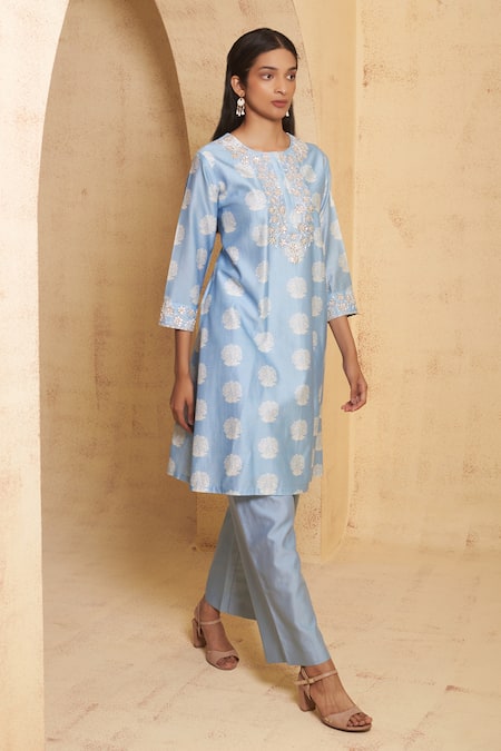 Buy_Thetaa_Blue Silk, Cotton, Embroidery, Sequins Hand Kurta And Pant Set 