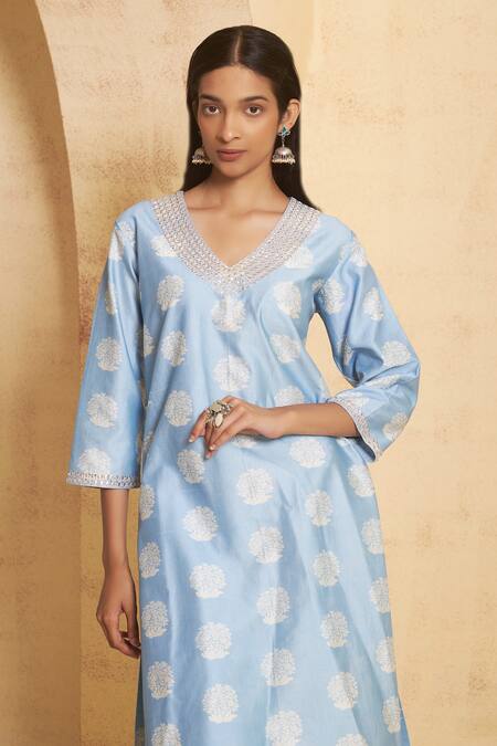 Thetaa_Blue Chanderi Silk, Cotton Sequins, Embroidery Hand Marori Work Kurta And Pant _Online_at_Aza_Fashions