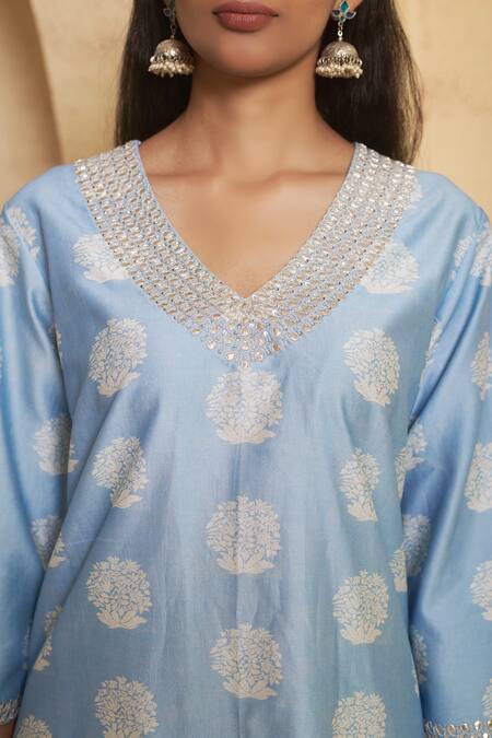Buy_Thetaa_Blue Chanderi Silk, Cotton Sequins, Embroidery Hand Marori Work Kurta And Pant _Online_at_Aza_Fashions