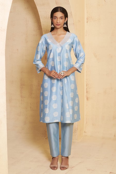 Thetaa Blue Chanderi Silk, Cotton Sequins, Embroidery Hand Marori Work Kurta And Pant 