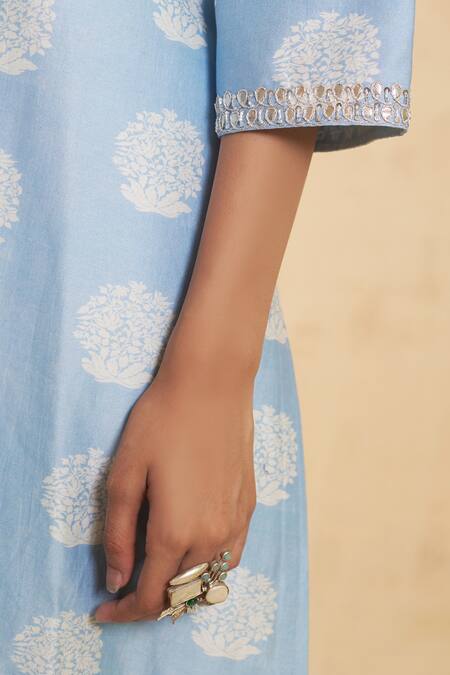 Thetaa_Blue Chanderi Silk, Cotton Sequins, Embroidery Hand Marori Work Kurta And Pant _at_Aza_Fashions