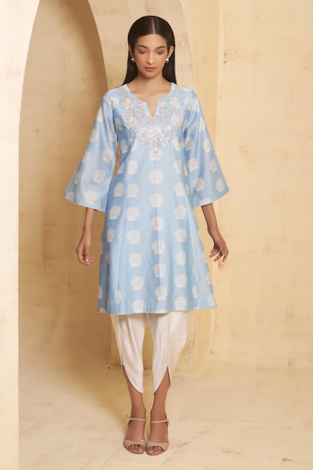 Thetaa_Blue Chanderi Silk, Chanderi, Cotton Embroidery Hand Anarkali With Tulip Pant _Online_at_Aza_Fashions