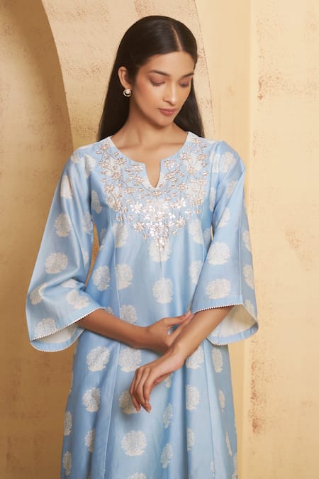 Buy_Thetaa_Blue Chanderi Silk, Chanderi, Cotton Embroidery Hand Anarkali With Tulip Pant _Online_at_Aza_Fashions