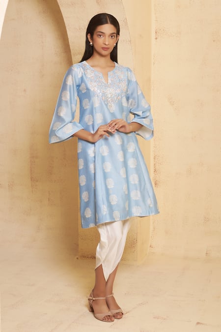 Shop_Thetaa_Blue Chanderi Silk, Chanderi, Cotton Embroidery Hand Anarkali With Tulip Pant _Online_at_Aza_Fashions