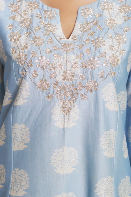 Thetaa_Blue Chanderi Silk, Chanderi, Cotton Embroidery Hand Anarkali With Tulip Pant _at_Aza_Fashions