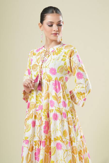 Samyukta Singhania_Multi Color Cotton Tassels Round Neck Floral Print Dress_Online_at_Aza_Fashions