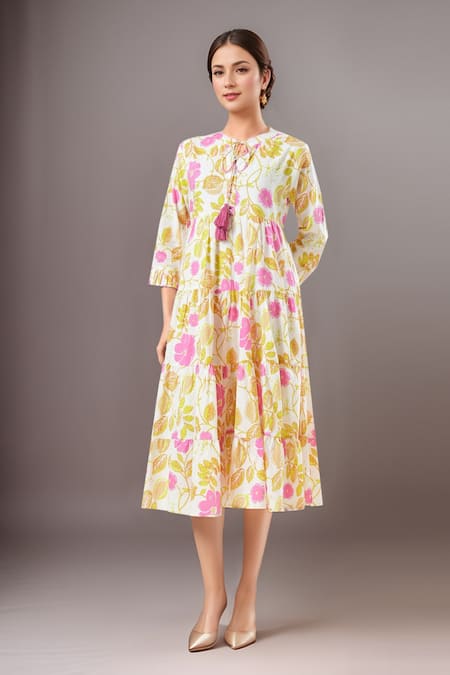 Samyukta Singhania Multi Color Cotton Tassels Round Neck Floral Print Dress 